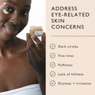 Woman holding a jar of eye cream with text about addressing eye-related skin concerns.