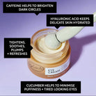 Eye cream jar with a spoonful of cream on a purple background, featuring text about ingredients and benefits.