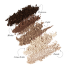 Four textured powder swatches arranged vertically on a white background, labeled Espresso, Mocha, Latte, and Crème Brûlée, with Dazzle indicated by a dotted arrow pointing to the lightest powder.