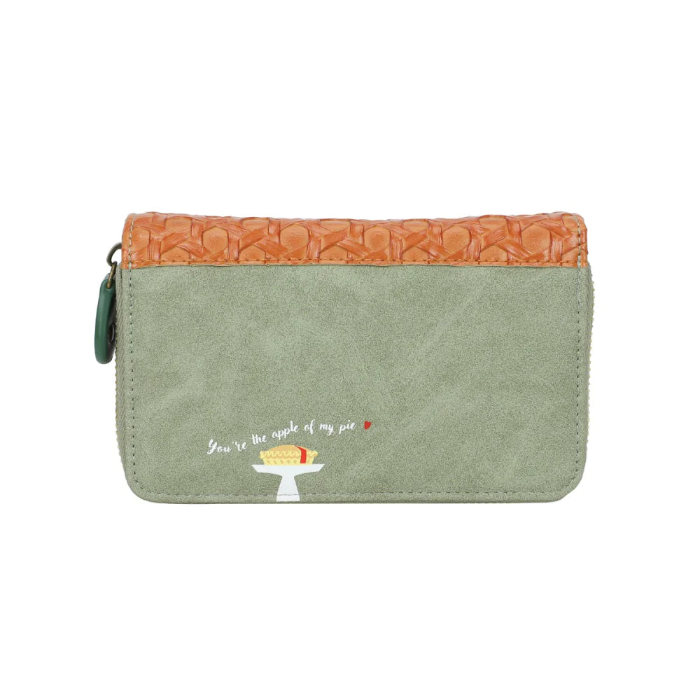Green pouch with orange top section and text embroidery on a white background