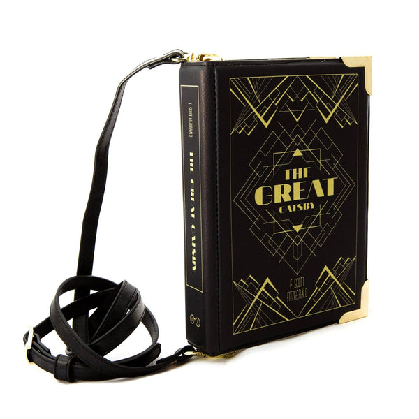 Book-shaped handbag with 'The Great Gatsby' design on a white background