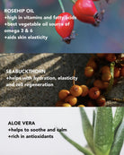 Rosehip oil, seabuckthorn, and aloe vera with their benefits listed.