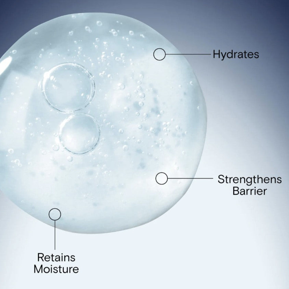 Illustration of a hydrating droplet with labeled benefits on a gradient background