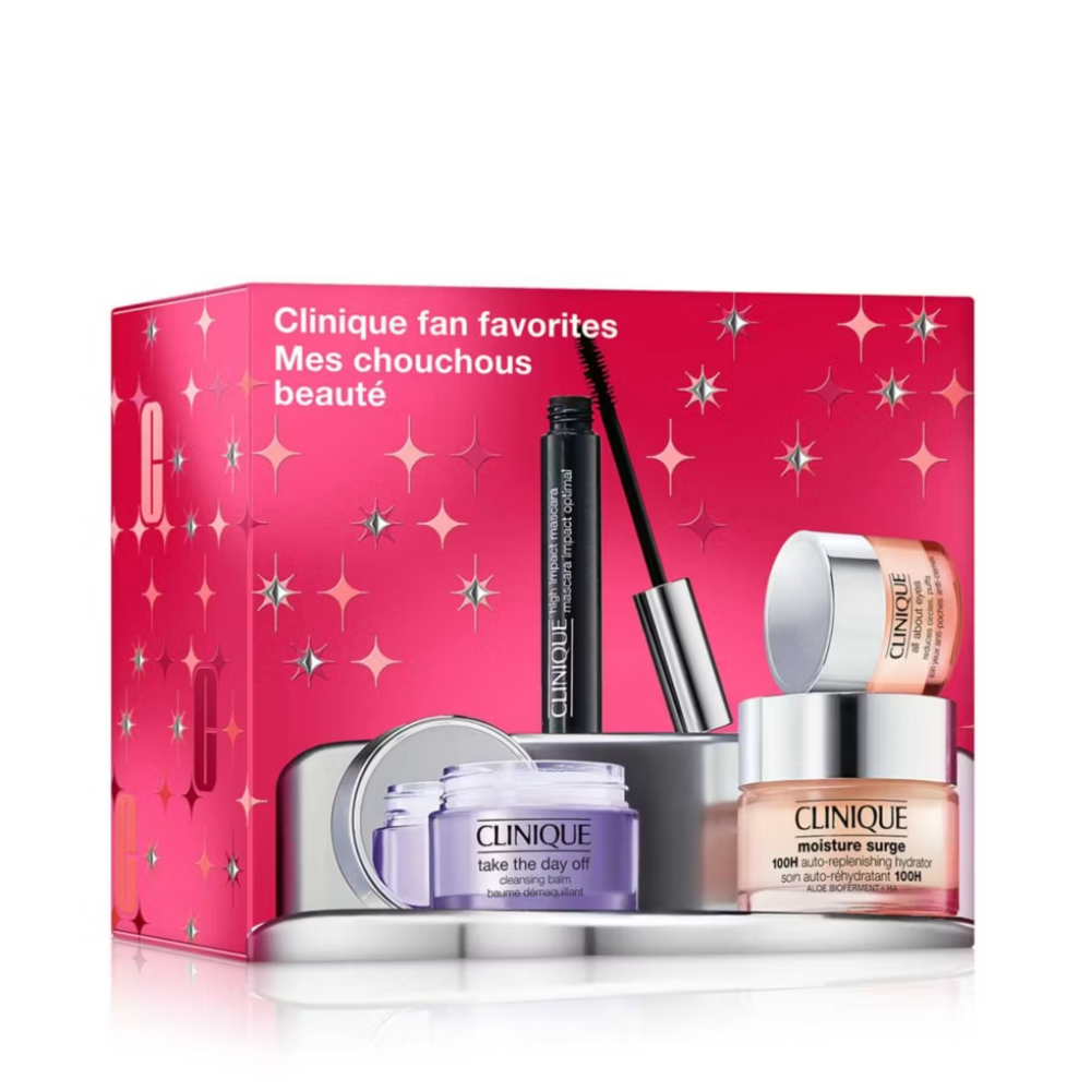 Clinique beauty set with products on a pink and silver box