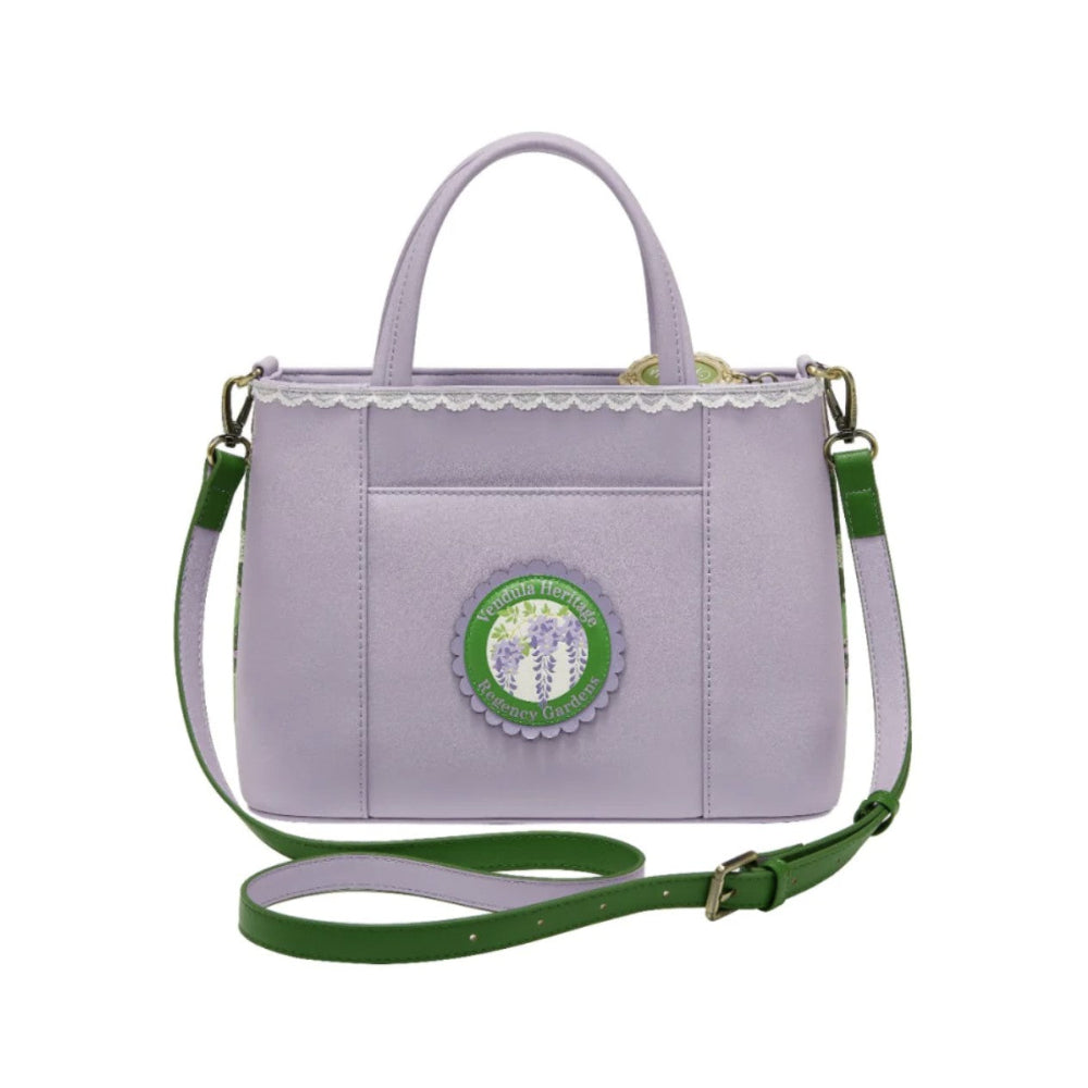 Purple handbag with green accents and a logo on a white background