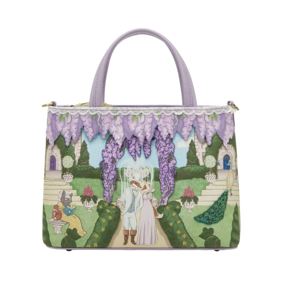 Handbag with garden scene and couple design on a white background