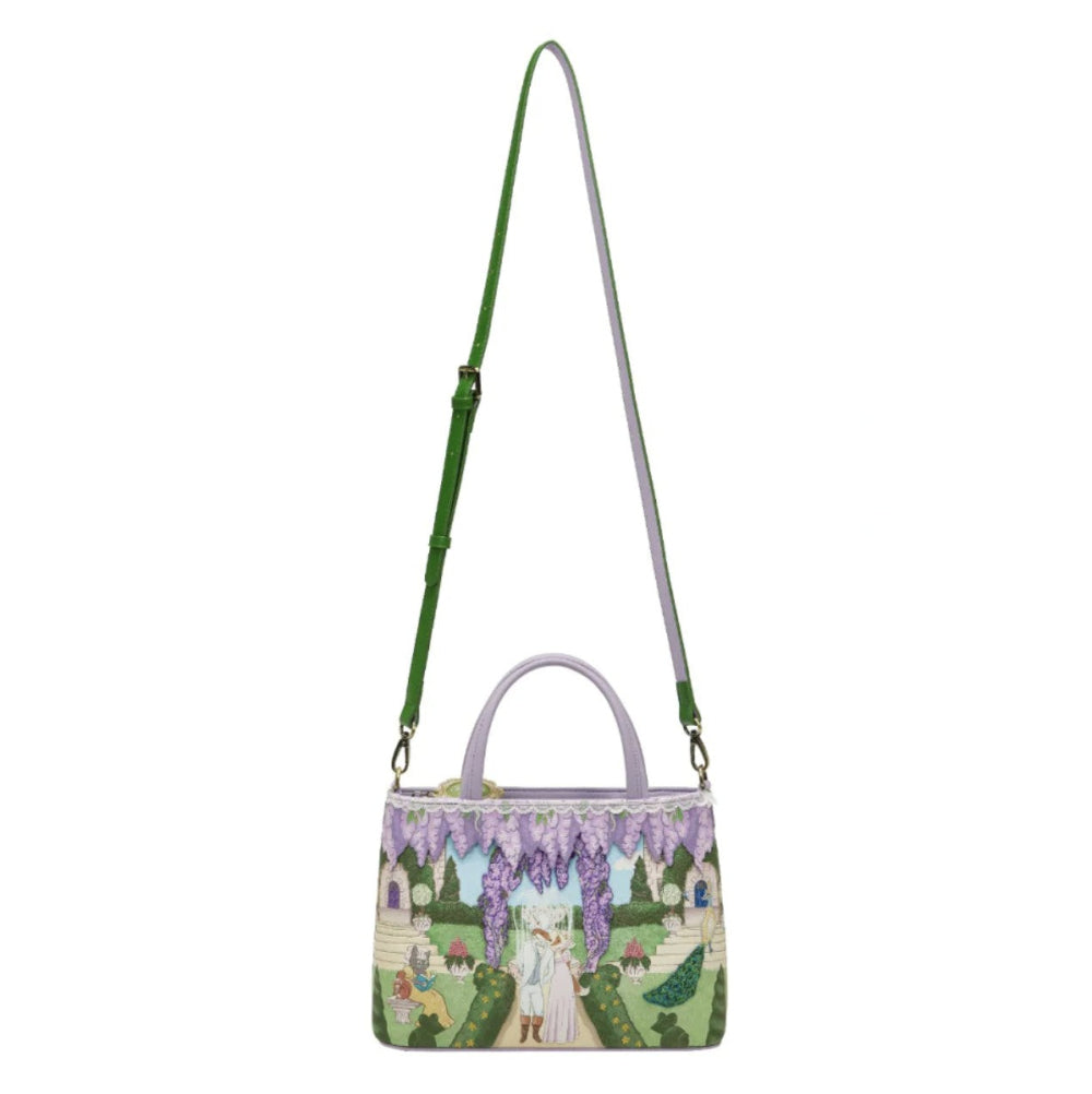 Handbag with a garden scene design on a white background
