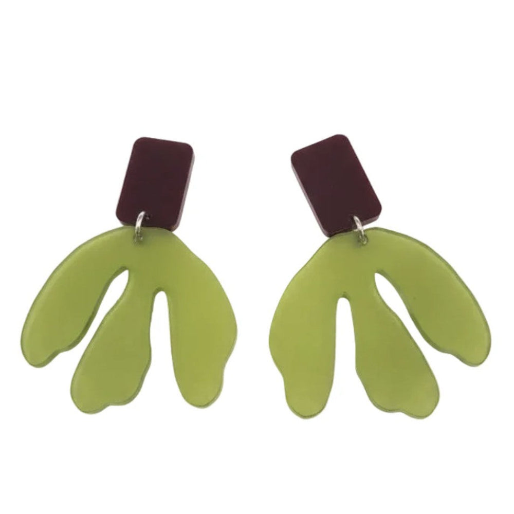 Pair of green leaf-shaped earrings with brown tops on a white background
