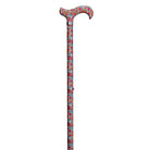 Decorative walking cane with a colorful pattern on a white background