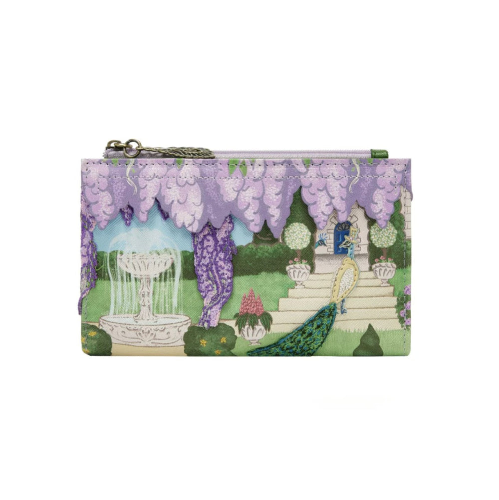 Small folding wallet with garden design featuring wisteria, fountain, and stairs on a white background