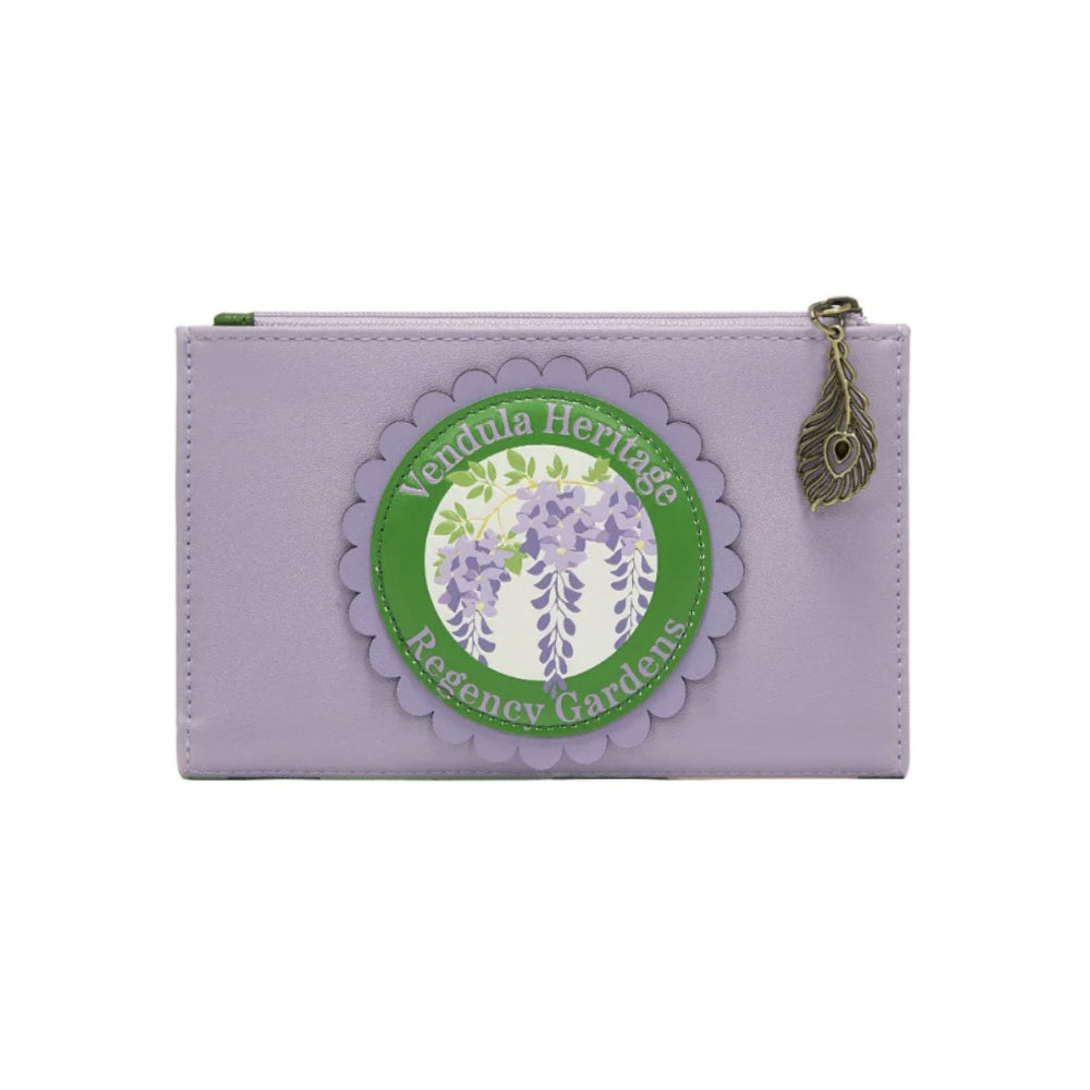 Back of wallet with a green logo featuring wisteria flowers on a white background