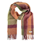 A plaid woven scarf in muted autumn colors including orange, burgundy, olive green, and tan, with fringe ends and a small white brand label reading MINKAY.