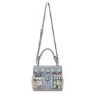 Handbag with a design of buildings on a white background