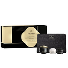 Shiseido Future Solution LX skincare set including a black and gold presentation box, a black textured pouch, and three cosmetic jars (gold, white, and black lids) on a white background.