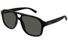 Gucci oversized aviator-style sunglasses with a glossy black frame and dark gray lenses, featuring the iconic green and red stripe detail on the temple arm.