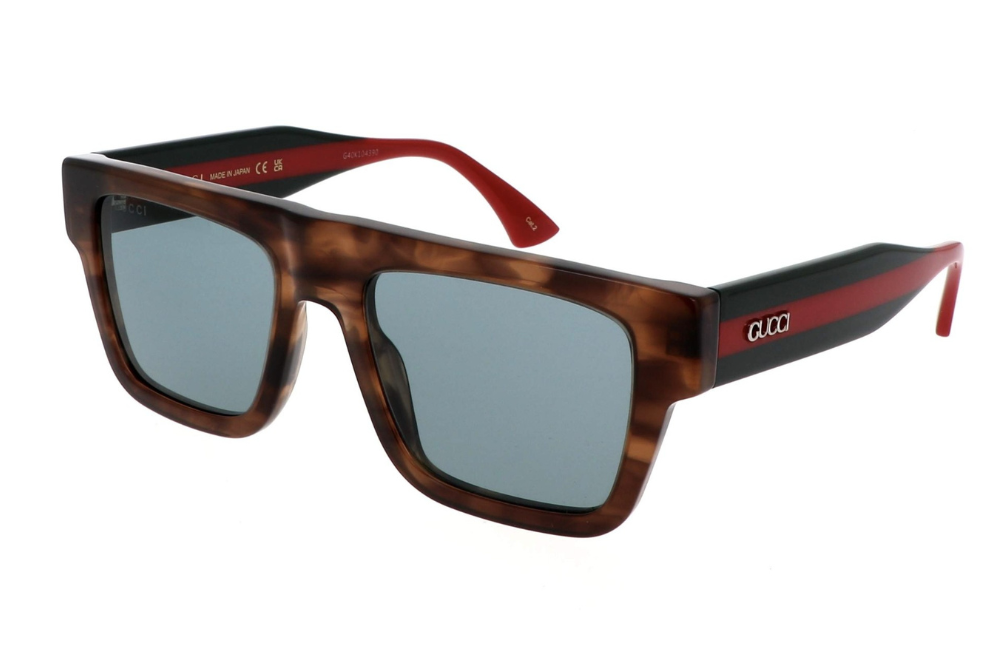 Sunglasses with tortoiseshell frame and red accents on a white background