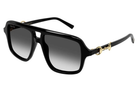 Black sunglasses with gold accents on a white background