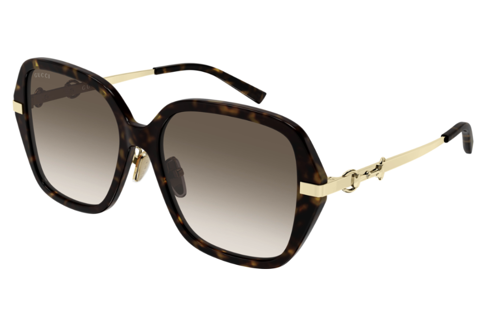 Sunglasses with tortoiseshell frame and gold accents on a white background