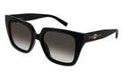 gg2102s-005 black frame with gucci symbol in gold, green & red stripes on temple. grey gradient lens.