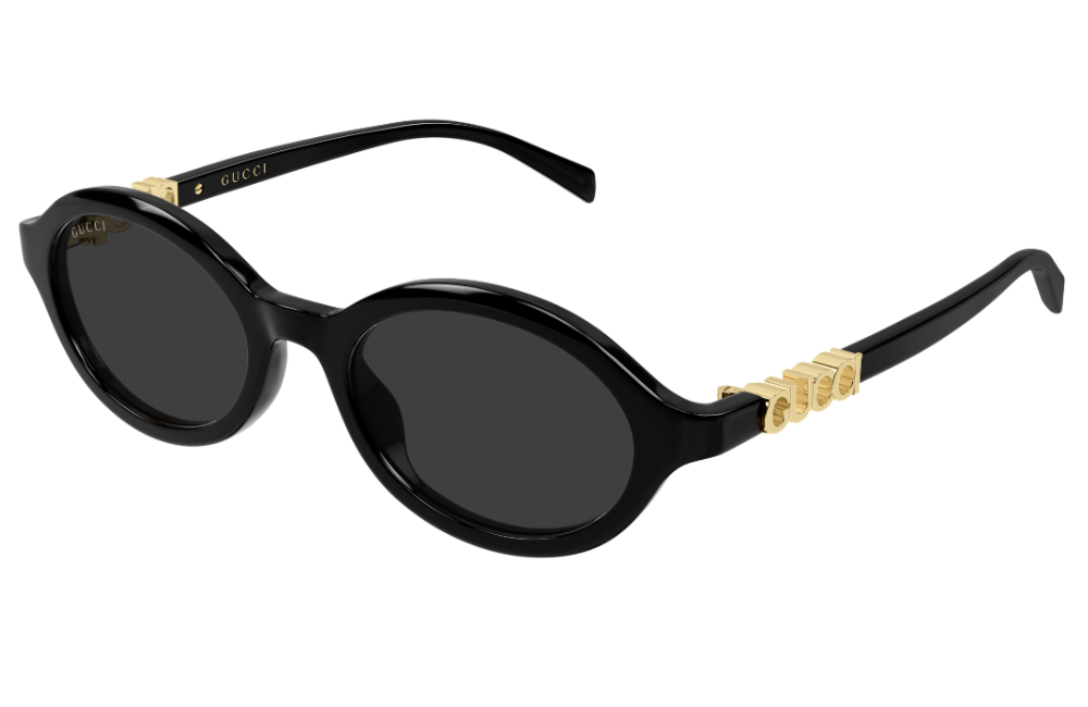 Black sunglasses with gold accents on a white background
