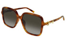 Gucci oversized square sunglasses with a translucent brown acetate frame, gradient gray lenses, and gold-tone horsebit hardware on the temples.