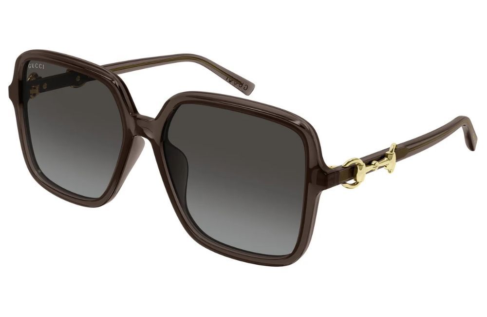 Gucci GG block sunglasses with a brown acetate frame, dark gradient lenses, and a gold-tone horsebit detail on the temple arm.