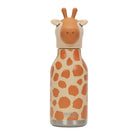 An insulated water bottle with a giraffe-shaped lid and body pattern, featuring a cream base with orange spots and a matching giraffe head on top, shown on a plain white background.