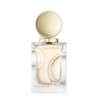 Estee Lauder Glimmer perfume bottle with a clear glass body, pale beige liquid, and a metallic gold cap, shown on a white background.