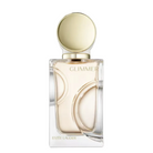 Estee Lauder Glimmer Eau de Parfum bottle with a gold cap and clear glass body showing pale yellow liquid, on a white background.
