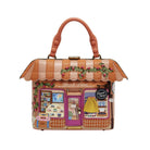 Handbag designed like a miniature store with a colorful facade on a white background