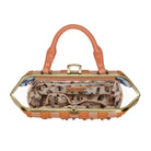Handbag with a patterned interior on a white background
