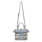 Handbag designed like a miniature building with a gray roof and colorful facade on a white background