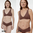 Before and after comparison of a woman wearing brown lingerie on a white background