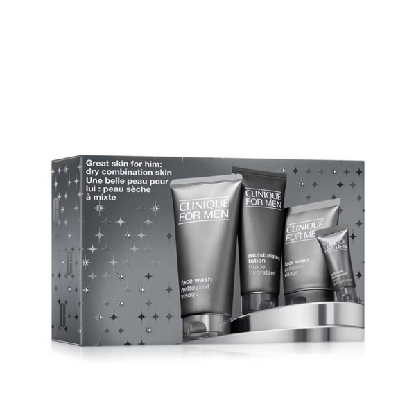 Clinique for Men skincare set with products in a gray box on a white background
