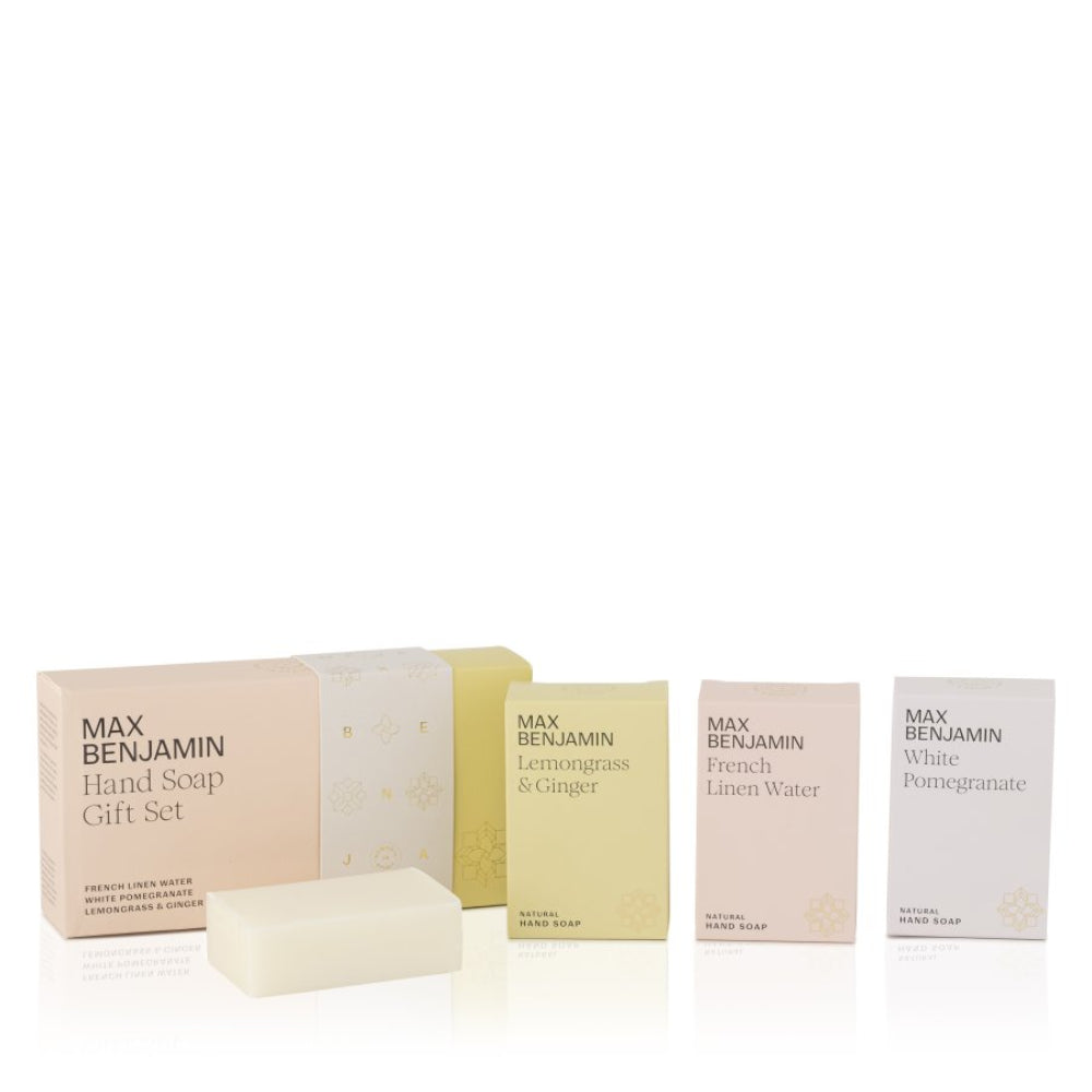 Max Benjamin hand soap gift set with various soaps and packaging on a white background