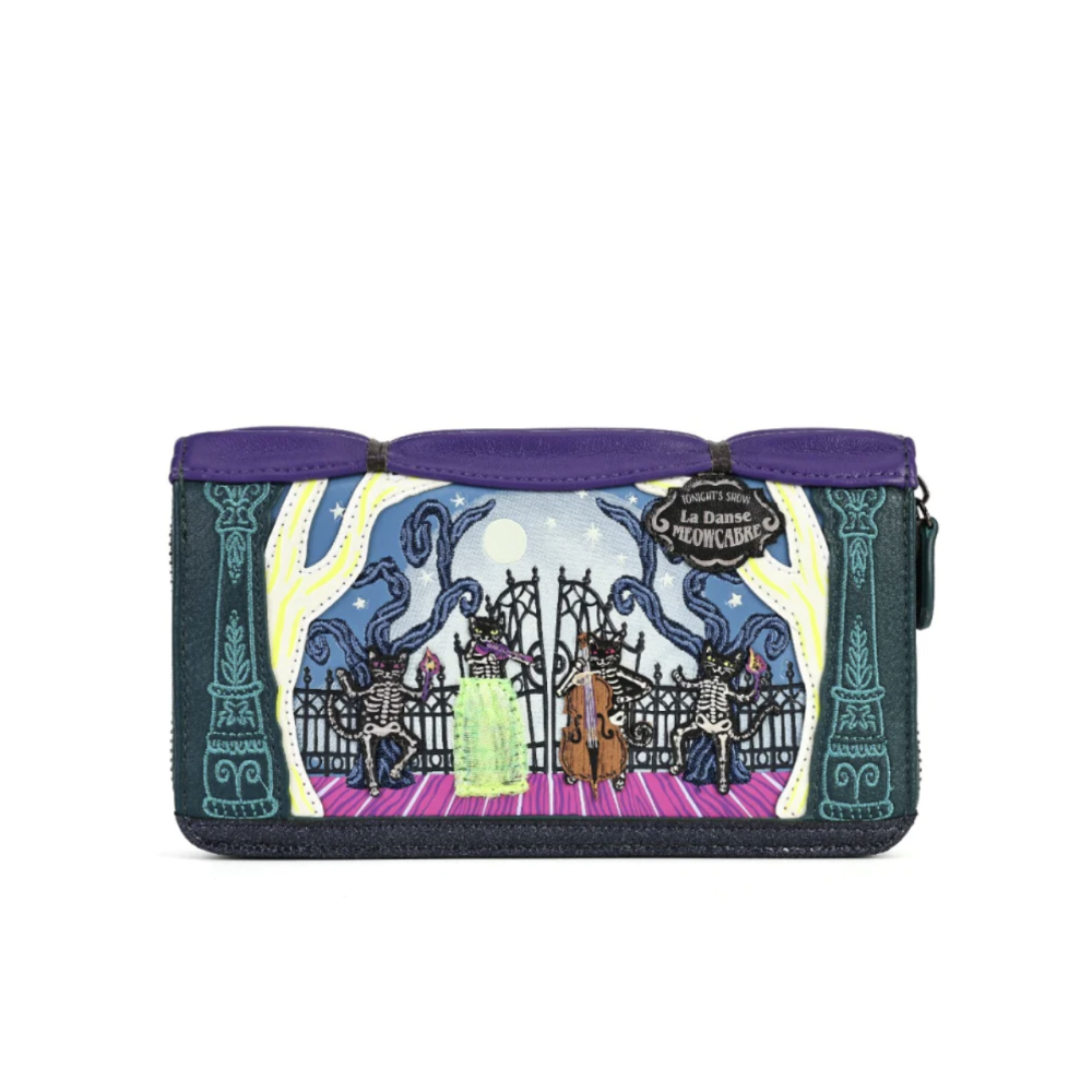 A rectangular zip wallet featuring a colorful gothic illustration in a graveyard with skeleton musicians. The pouch has a solid purple top handle and dark teal borders on the sides.