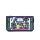 A rectangular zip wallet featuring a colorful gothic illustration in a graveyard with skeleton musicians. The pouch has a solid purple top handle and dark teal borders on the sides.