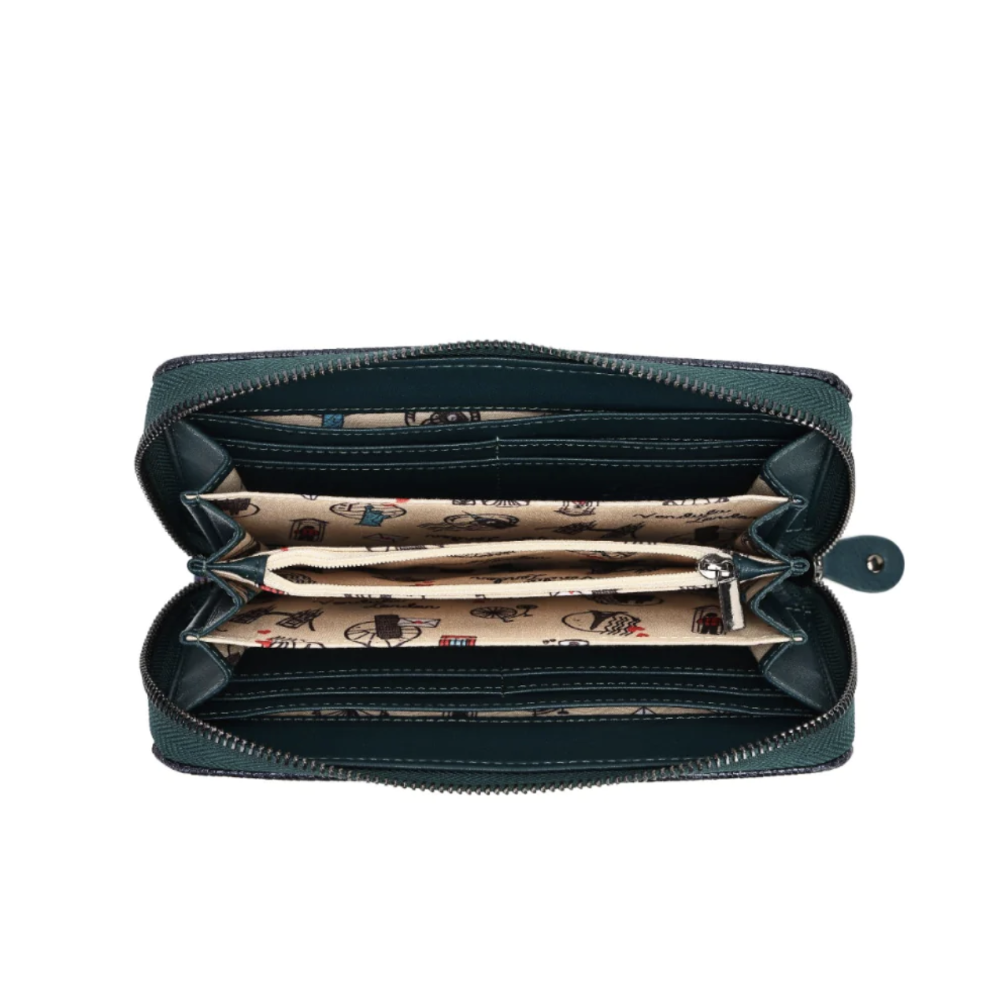 An open dark teal zip-around wallet with multiple interior card slots and a patterned beige paper insert, shown on a plain white background.