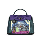 A structured handbag with a purple bow on the front flap and a colorful illustrated front panel featuring cartoon skeletons, a moon, and a purple sky. The bag has dark teal sides, a top handle, and a decorative metal clasp.