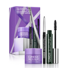 Clinique Eye Essentials High Impact Lashes gift set featuring a purple box, eye cream jar, eyeliner pencils, eyeliner wand, and mascara on a white background.