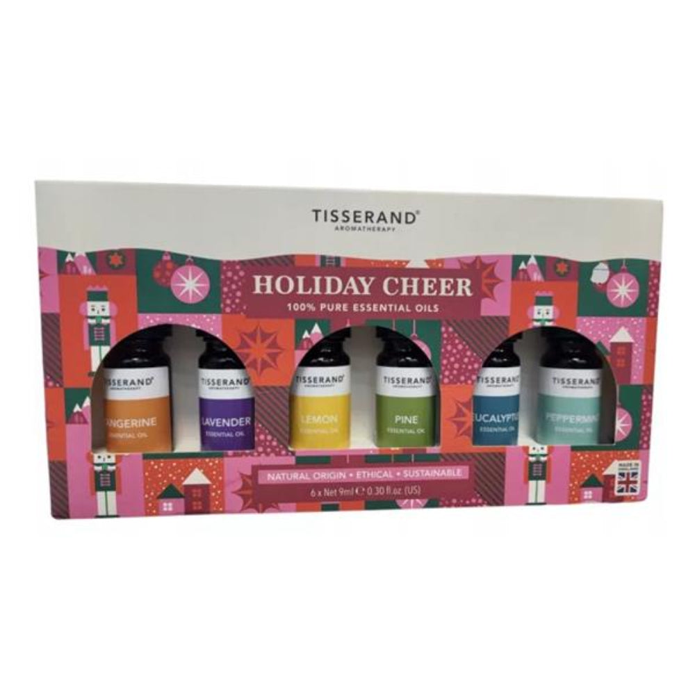 Tisserand Holiday Cheer essential oils set with colorful packaging