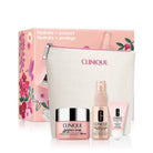 Clinique skincare set with pouch on a white background