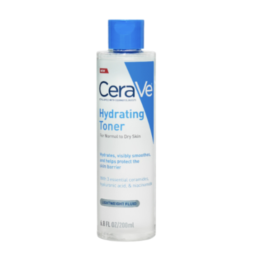 CeraVe Hydrating Toner in a 4.8 fl oz clear bottle with a blue cap and blue/white label, shown on a plain white background.