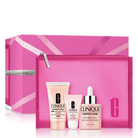 Clinique Moisture Surge gift set with a large pink presentation box, a matching zip pouch, and three skincare bottles in front on a white background.