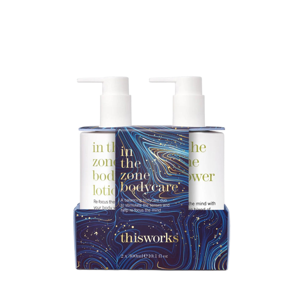 Two bottles of 'in the zone bodycare' lotion by 'thisworks' on a white background