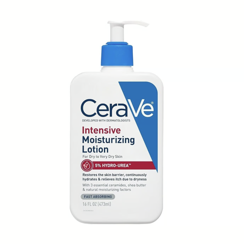 A 16 fl oz bottle of CeraVe Intensive Moisturizing Lotion on a solid white background. The bottle is white with a blue pump dispenser and a blue and white label featuring red and black text.