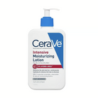 A 16 fl oz bottle of CeraVe Intensive Moisturizing Lotion on a solid white background. The bottle is white with a blue pump dispenser and a blue and white label featuring red and black text.
