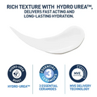 A white cosmetic cream smear on a white background with marketing text reading 'RICH TEXTURE WITH HYDRO UREA™, DELIVERS FAST ACTING AND LONG-LASTING HYDRATION.' and three feature icons for Hydro-Urea Boost, 3 Essential Ceramides, and MVE Delivery Technology.