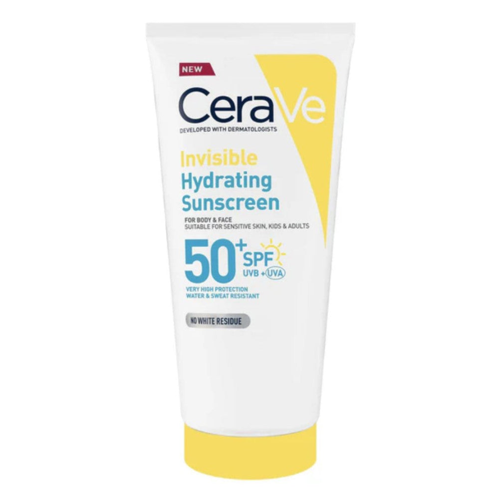 CeraVe invisible hydrating sunscreen tube on a white background