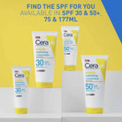 CeraVe sunscreen products with SPF 30 and 50 on a yellow and blue background